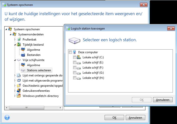 Vrije schijfruimte Hier kunt u handmatig fysieke en/of logische stations opgeven waarvan u de vrije ruimte wilt opschonen.