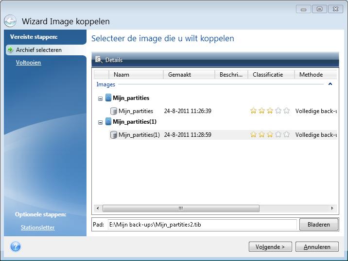 De wizard Koppelen wordt geopend. 2. Selecteer de back-up voor koppelen volgens datum/tijd van maken. Zo kunt u eenvoudig de staat van de gegevens op een welbepaalde datum in het verleden controleren.