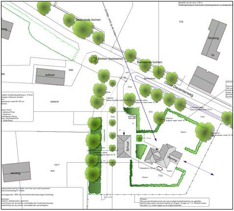 Afbeelding 2.2 Erfinrichtingsplan (bron: Groenadviesbureau H.A. ten Have) Langs de Oude Deventerweg worden 4 inlandse eiken aangeplant.