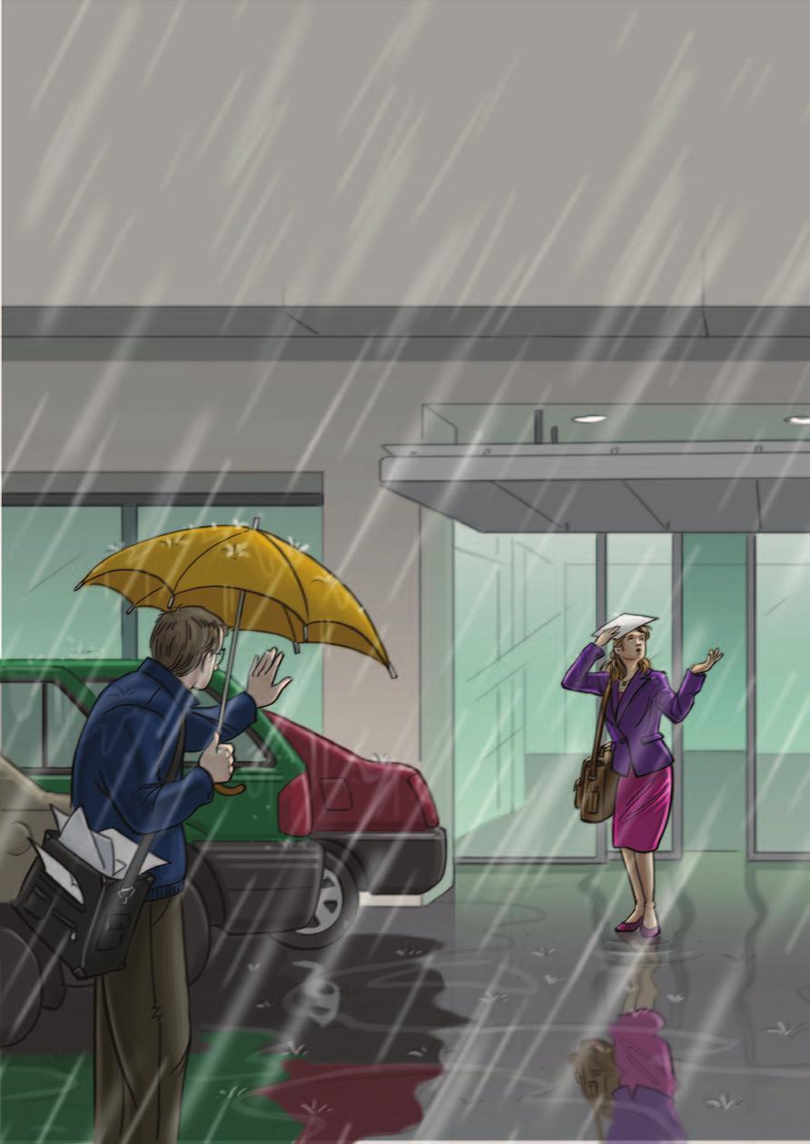 02 Nadat Thea haar presentatie heeft gegeven en gediscussieerd heeft met de aanwezige projectmedewerkers, loopt ze naar de uitgang, de regen tegemoet.