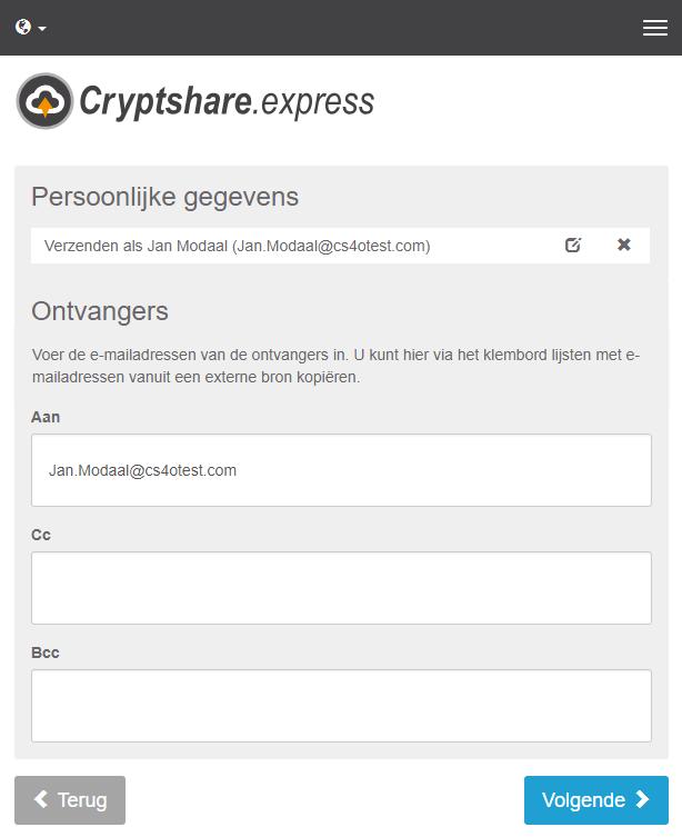 U heeft nu de mogelijkheid om ontvangers in te voeren. Belangrijk: Het is alleen mogelijk om via Cryptshare.