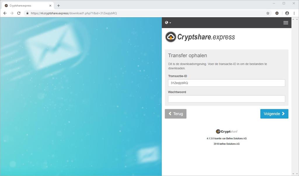 Uw browser opent automatisch met een geregistreerde transactie-id: Stap 2 Voer