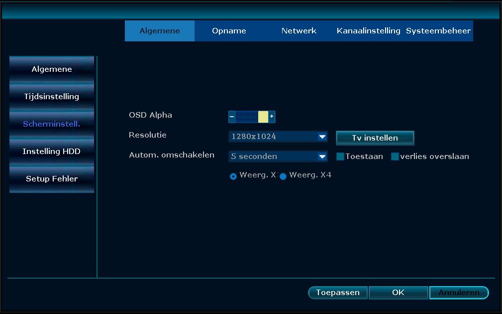 Scherminstellingen Selecteer "Scherminstell." OSD Alpha:De transparantie van het OSD-menu kan naar wens worden afgesteld. Resolutie: kies de gewenste resolutie Autom.