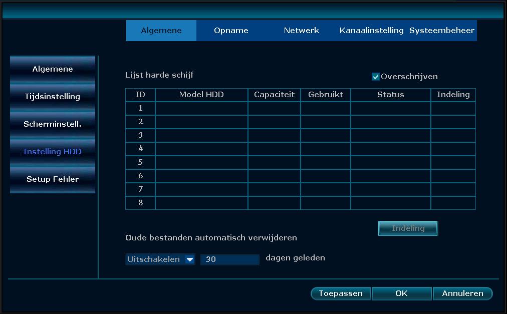 Instelling HDD Selecteer "Instelling HDD " Overschrijven: de bestanden die het langst geleden werden opgenomen, zullen worden overschreven wanneer de schijf vol is " betekent niet overschrijven.