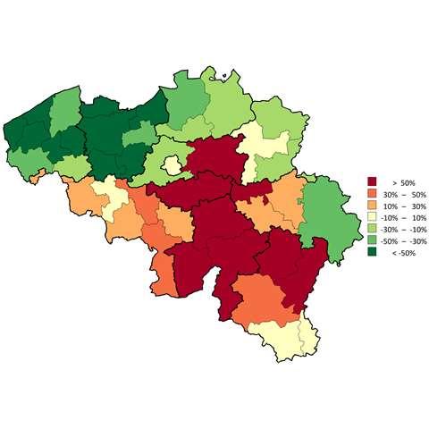 Op deze kaart van België worden de arrondissementsgrenzen met fijne lijnen en de provinciegrenzen met dikke lijnen afgebakend.