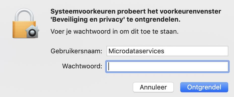 Klik bij Firewall linksonder op het hangslot om de instellingen te wijzigen Er zal nu eventueel een