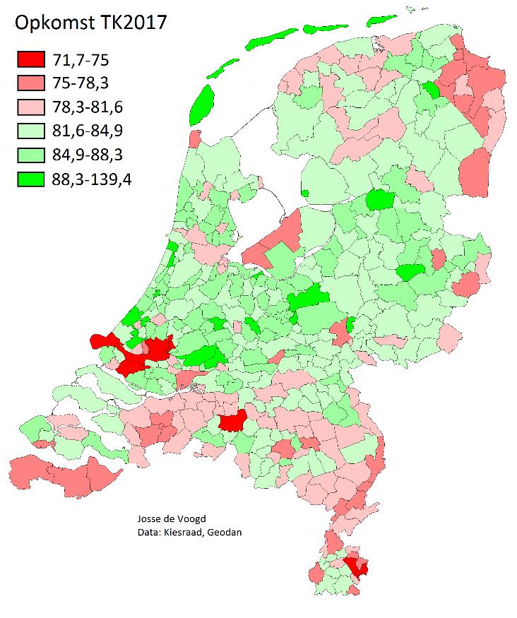 Inventarisatie geografie van de niet-stemmer Josse de Voogd januari 2019 Op de onderstaande kaart zien we de opkomst per gemeente bij de Tweede Kamerverkiezingen van 2017.