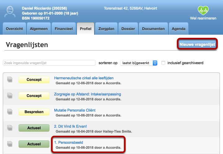 5. Profiellijsten inzien Onder de tab profiel zijn vragenlijsten te vinden die ingevuld worden door regiebegeleiders, behandelaren of regiebehandelaren.