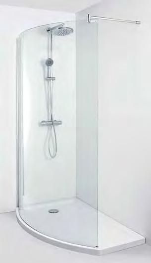 Veiligheidsglas 6 mm - Anti-kalk behandeling langs 1 zijde - Versterkingsstang in verchroomde inox, aanpasbaar in lengte: 66-100 cm - Profielen in verchroomd aluminium - Omkeerbaar.