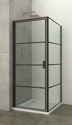 1 porte de douche pivotante - accès frontal - Epaisseur du verre : 8 mm - Style industriel - Disponible en noir ou blanc - Avec sérigraphies lignées - Profilés droits et minimalistes en aluminium