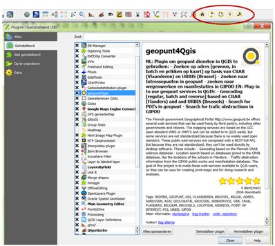 In de Plugin tool heb je 5 tabs Alles: Hier zie je een lijst met alle beschikbare Plugins voor QGIS. Zowel de geïnstalleerde als de ter download beschikbare.