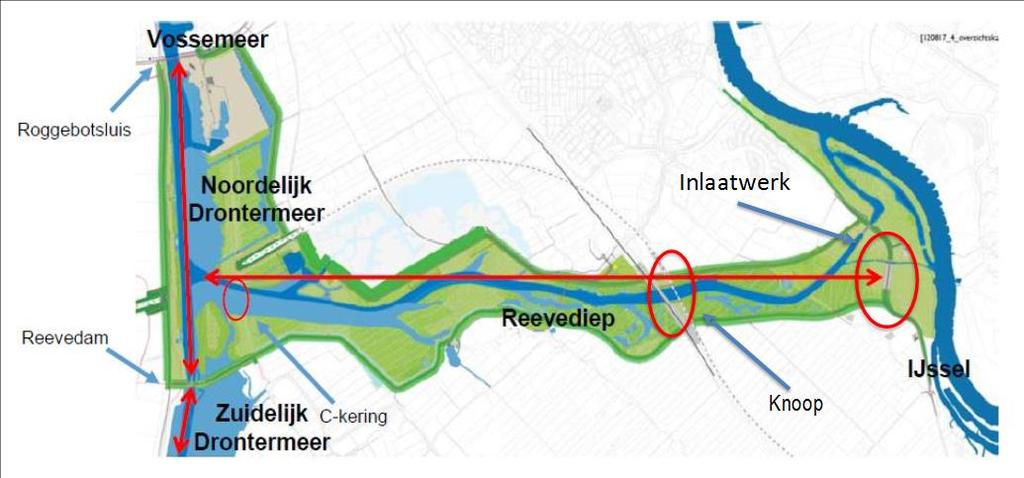 In dit Projectplan wordt de volgende naamgeving gehanteerd (zie figuur 3): Reevediep: het water tussen de IJssel en de Veluwerandmeren; Zuidelijk Drontermeer: het randmeerdeel ten zuiden van de