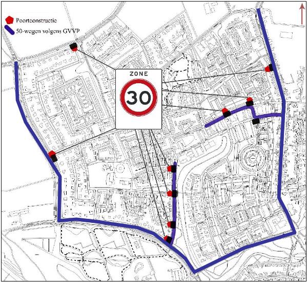 Figuur 4: Locaties 30km zone bebording Verkeersbesluit Voor Paauwenburg houden de voorziene aanpassingen van het snelheidsregime en fysieke maatregelen het volgende in: -Invoering 30km Zone voor alle