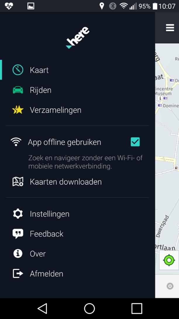 Hier kunt u de app offline of online instellen.