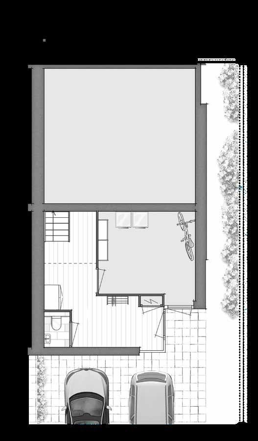 Omdat de zonneterrassen van de woningen hoger liggen dan de straat, heb je hier om te beginnen het hoogteverschil tussen de entree en de woonverdieping daarboven.