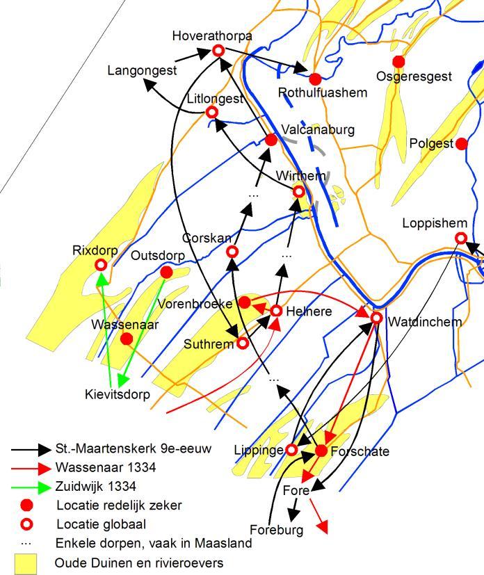 Noordwijkerhout (afgesplitst in 1231) 120, Langeveld en vroeger Osprehtashem. De go-uitgang is opmerkelijk (= gouw, zie Dorpen).