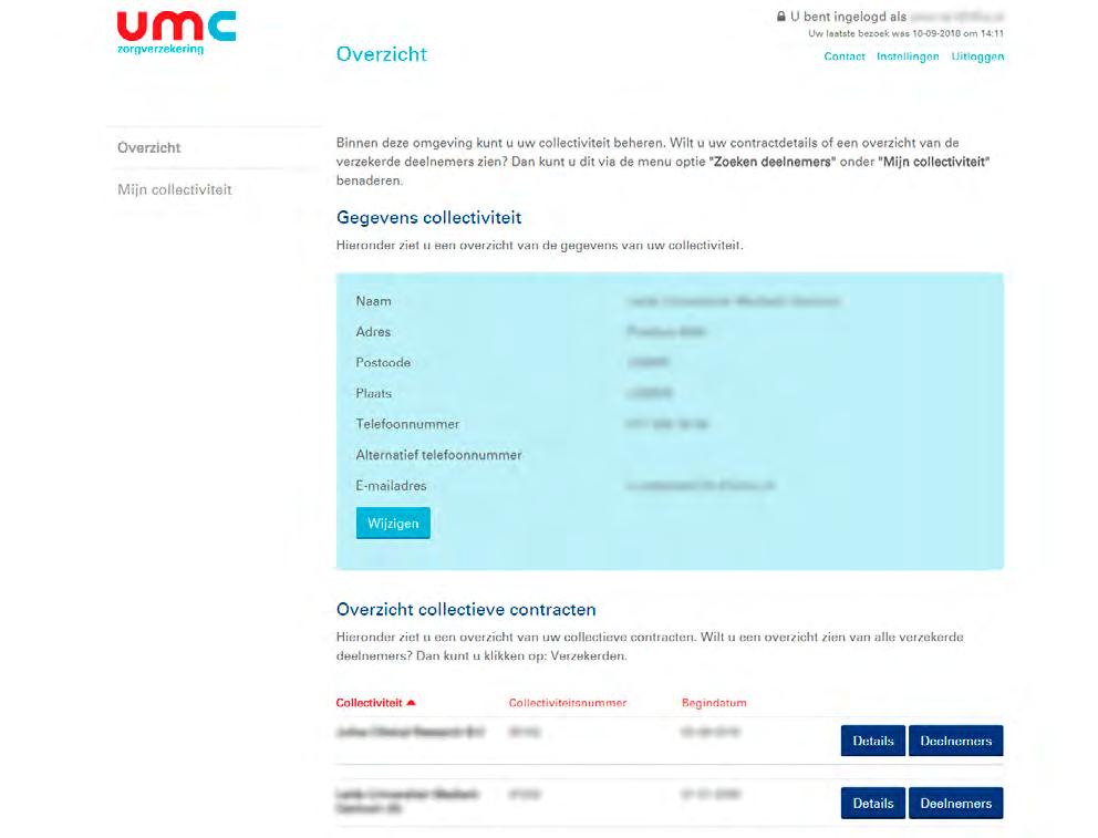 Nadat u uw e-mailadres en wachtwoord hebt ingevoerd komt u in onderstaand scherm Wilt u inzicht in de gegevens van uw organisatie, dan klikt u op Mijn collectiviteit.