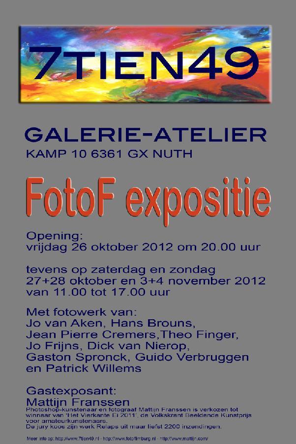 Het is FotoF Limburg gelukt om een bijzonder getalenteerde fotograaf, als gast exposant, aan onze foto tentoonstelling toe te voegen. Opening op vrijdag 26 oktober 2012 om 20.