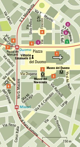 Uitneembare kaart F 5 Metro M1, M3 Duomo Het door de ontwerper van de Scala, Piermarini, radicaal in classicistische stijl omgebouwde Viscontikasteel uit de 14e eeuw heet sinds de Italiaanse