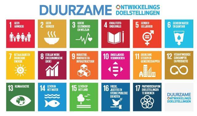 Figuur 1. 17 duurzame ontwikkelingsdoelstellingen De SDG s zijn domein-overschrijdende doelstellingen waaraan vanuit verschillende diensten en samen met allerlei actoren moet worden (samen-)gewerkt.
