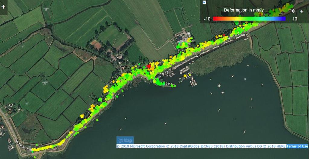 Figuur 28. Overzicht van satelliet metingen rondom de Durgerdammerdijk. De kleuren geven de gemiddelde daling per jaar weer (in mm) Figuur 29.