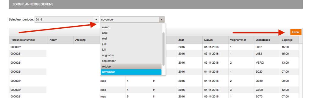 Zorgplannergegevens. Door de juiste maand te selecteren en te kiezen voor de oranje button excel wordt deze naar excel geëxporteerd. Daarna kun je door er een filter op de controles uitvoeren.