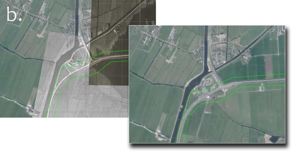 Kader A, ten tijde van de Tweede Wereldoorlog (links) en in 2015 (rechts). Bron satellietbeeld: World Imagery.