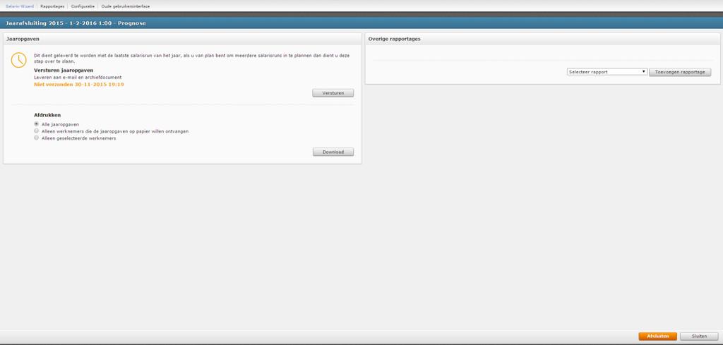 Door net als bij een reguliere salarisrun, op de betreffende salarisrun te klikken start u de jaaropgaven-run. Onderstaand scherm wordt getoond.