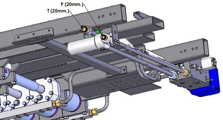 FIG. 10 AANSLUITEN HYDRAULIEK Het Cargo Floor systeem wordt standaard voorzien van een voorgemonteerd persfilter aan de voorbrug, zie fig. 10. Er is een hydraulische persleiding (20 x 2 mm) vanaf het besturingsventiel naar het persfilter voorgemonteerd.