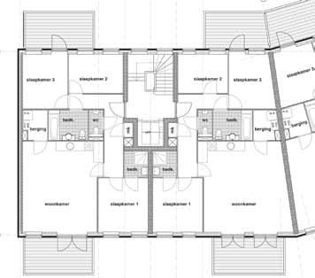 Op de tweede verdieping en in de kap bevinden zich de penthouses met een oppervlak van circa 150 m 2 en een royaal terras.