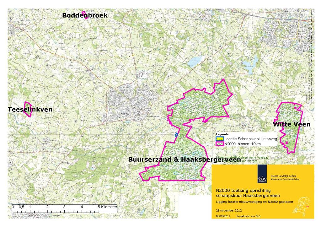 Op figuur 2 is de beoogde locatie van de Schaapskooi (geel met blauwe rand) ten opzichte van de van relevante Natura 2000 gebieden aangegeven (zie bijlagen 1 en 2 voor meer