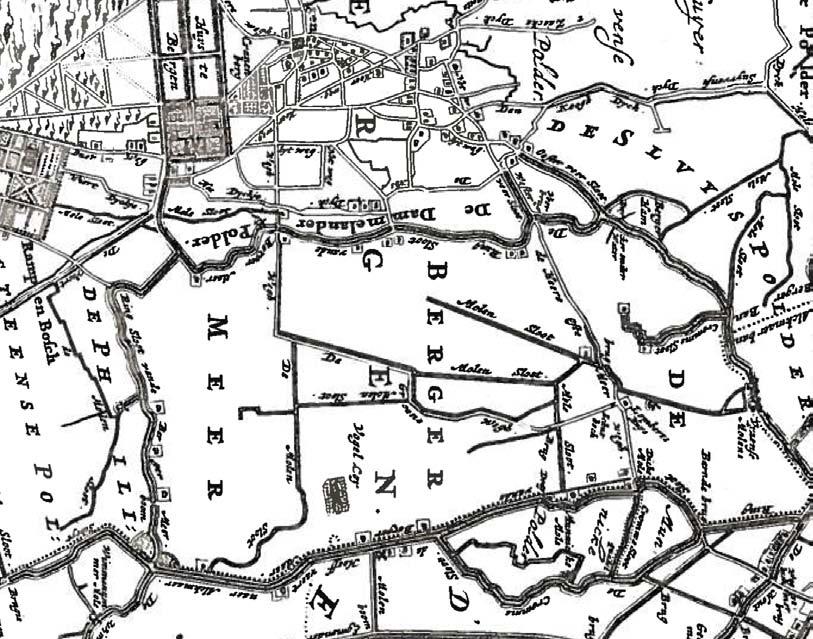 Uitsnede van een kaart uit 1745. Met rood omcirkeld de binnen het plangebied aanwezige boerderijen.