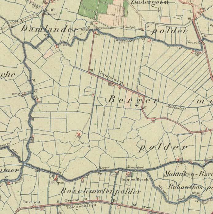 Ten opzichte van de kaart uit 1745 is ten westen en ten zuiden van de ringsloot een boerderij verdwenen, net als de vogelkooi. Het noorden is boven.