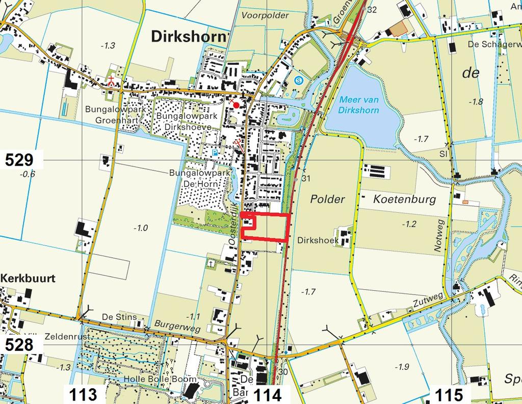 Figuur 1. Dirkshorn, Oosterdijk. Het plangebied ligt binnen het rode kader.
