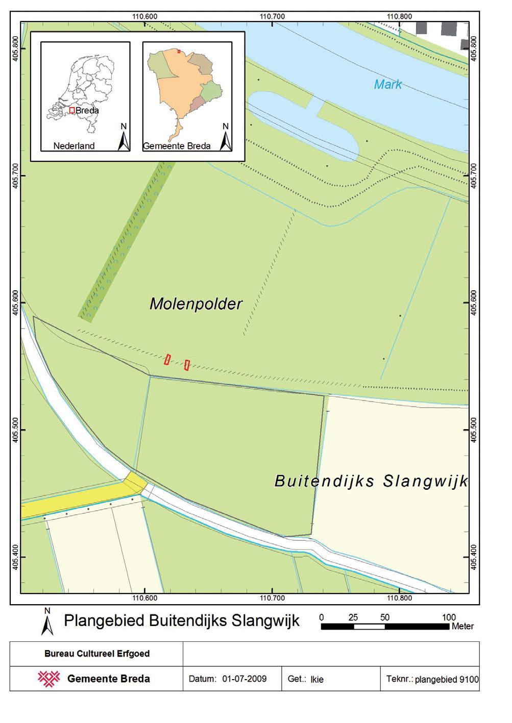 2 Ligging en aard van het terrein De onderzoekslocatie ligt in het westelijke gedeelte van de polder Buitendijks Slangwijk binnen het plangebied Vierde Bergboezem (afb. 1).