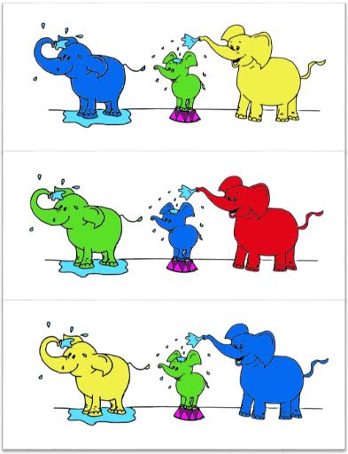 Voorbeelden van plaatjes uit de Picture Selection Task - Een groen olifantje zit op een kruk en een blauwe olifant maakt