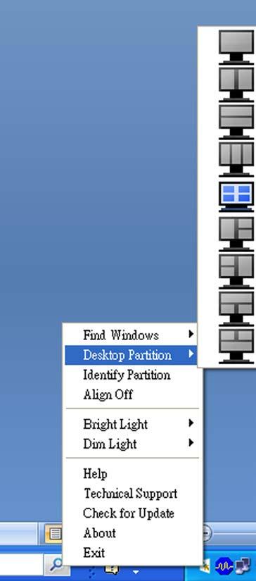 Menu openen met linkermuisknop Klik met de linkermuisknop op het pictogram van Desktop Partition om het geactiveerde venster snel naar een partitie te sturen zonder het te hoeven verslepen.