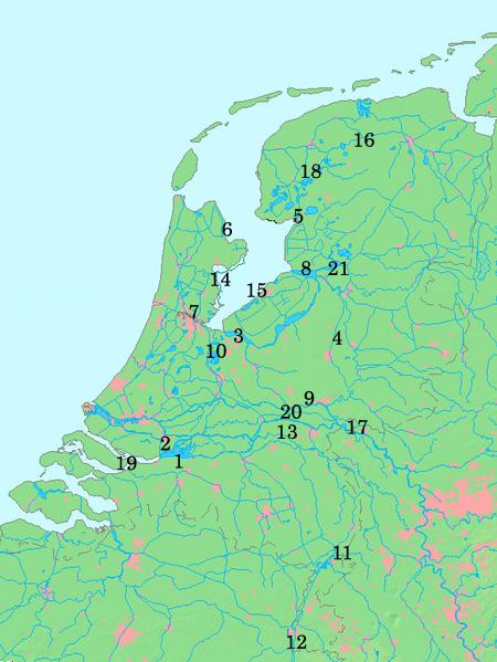 Tabel en Figuur 1: Locaties in Nederlandse binnenwateren waar in het kader van het monitoringsprogramma ten behoeve van de sportvisserij alen zijn gevangen.