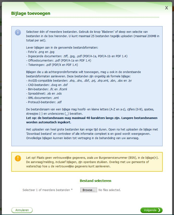 5 Uitbreiding toegestane formaten bijlagen en check toegestane karakters in te uploaden bestandsnaam Er zijn twee wijzigingen die leiden tot aanpassingen in de informatietekst die wordt getoond bij