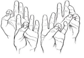 Maak een dakje met de vingers, alle drie de kootjes gestrekt/rechthouden en op de plaats van de overgang van handpalm naar vingers buigen.