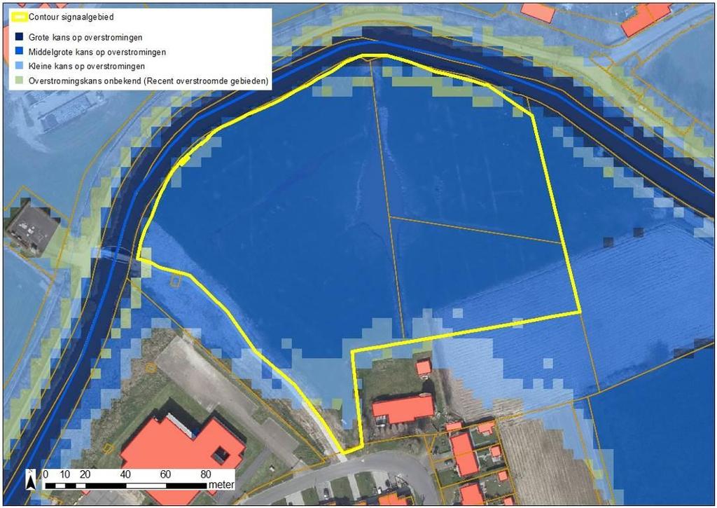 Figuur: De blauwe contouren geven overstromingskans met klimaatsverandering weer.