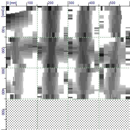 2.5.4. Locatie 2, balkon nummer 13 voorzijde (1 e verdieping) Blockscan Bovenzijde balkon Scan FS6977 Oppervlak: 60 x 45 cm. Verticale staven: Diameter: Ø8 mm. Dekking (mm): 73-76-83-82-78 H.o.h afstand: 160 mm Functie: Hoofdwapening (dwarswapening) Horizontale staven: Diameter: Ø6 mm.