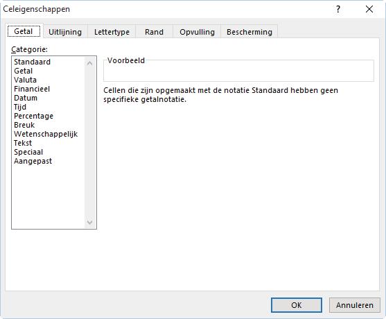 7.1 Getal Bij het tabblad Getal geef je de juiste categrie aan. Wil je de cellen aangeven in Valuta dan geef je dat hier aan.