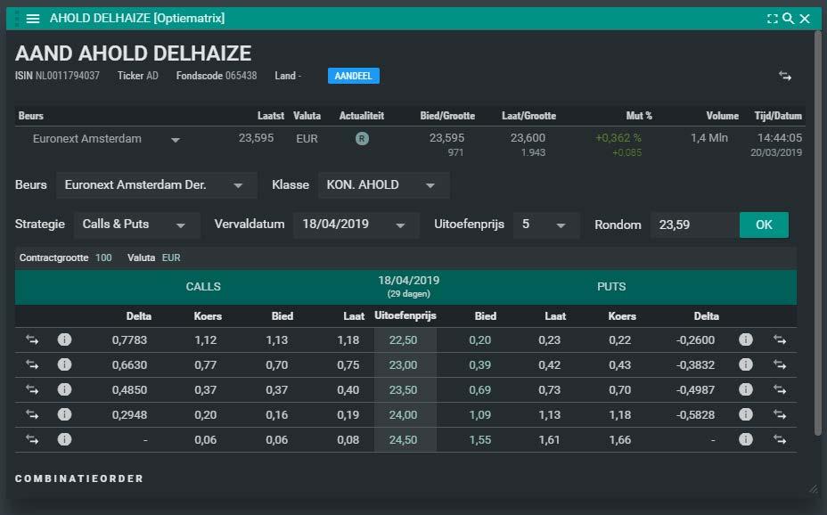 Hier kiest u de beurs waarvan u de beschikbare opties wilt weergeven Hier kiest u de optieklasse Quick reference card: Optiematrix De onderliggende waarde waarvan u opties wilt weergeven Indien u een