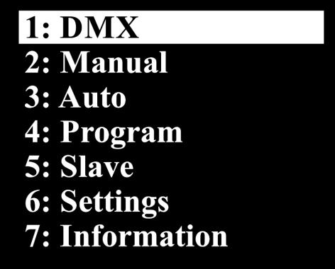 Hoofdmenuopties 1. DMX-instellingen 2. Handmatige stand 3. Automatische stand 4. Ingebouwde programma's 5. Master-slavestand 6.