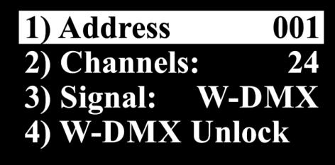 Het display ziet er als volgt uit: 03) Druk op de knoppen OMHOOG/OMLAAG om een van de vier submenu's te kiezen: Address Channels