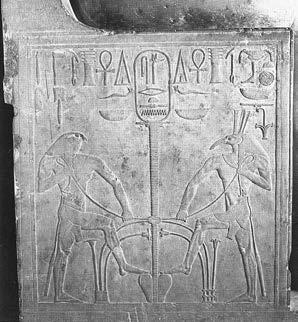 Afbeelding 3: De vereniging van beide landen door Horus en Seth.