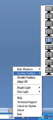 Align On/Align Off (Uitlijnen aan/ Uitlijnen uit) Schakelt het automatisch uitlijnen van versleepte partities in/uit. Exit (Afsluiten) Sluit Desktop Partition (Bureaubladpartitie) en Display Tune.