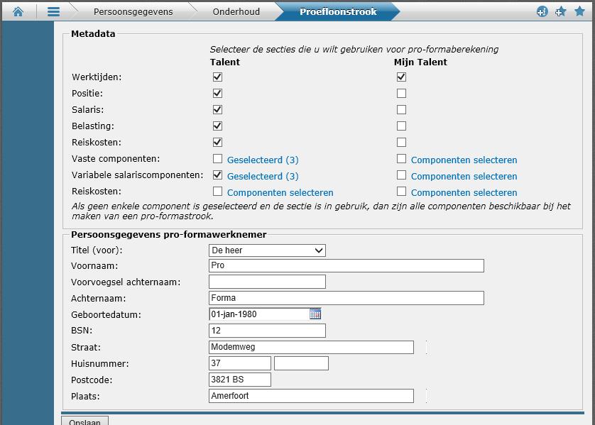 2.5 Onderhoud proefloonstrook In het gedeelte Metadata kunt u aangeven welke secties/velden beschikbaar zijn voor proefloonstrook in Talent en in Mijn Talent.