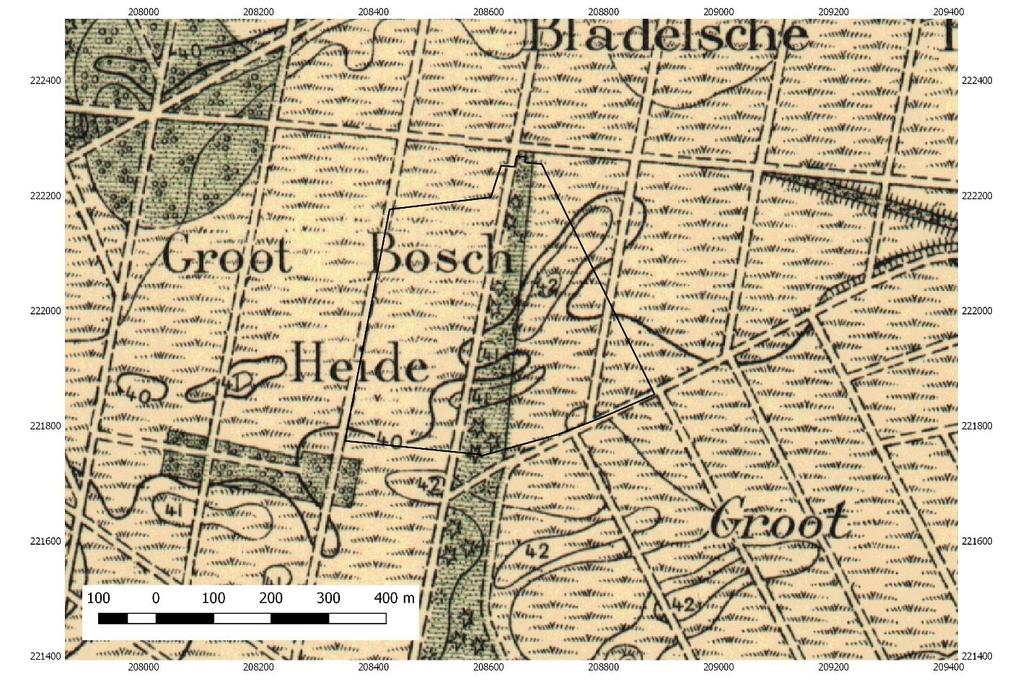 Figuur 5 Zone met de grafheuvelgroep op de topografische kaart van het Dépot de la Guerre van